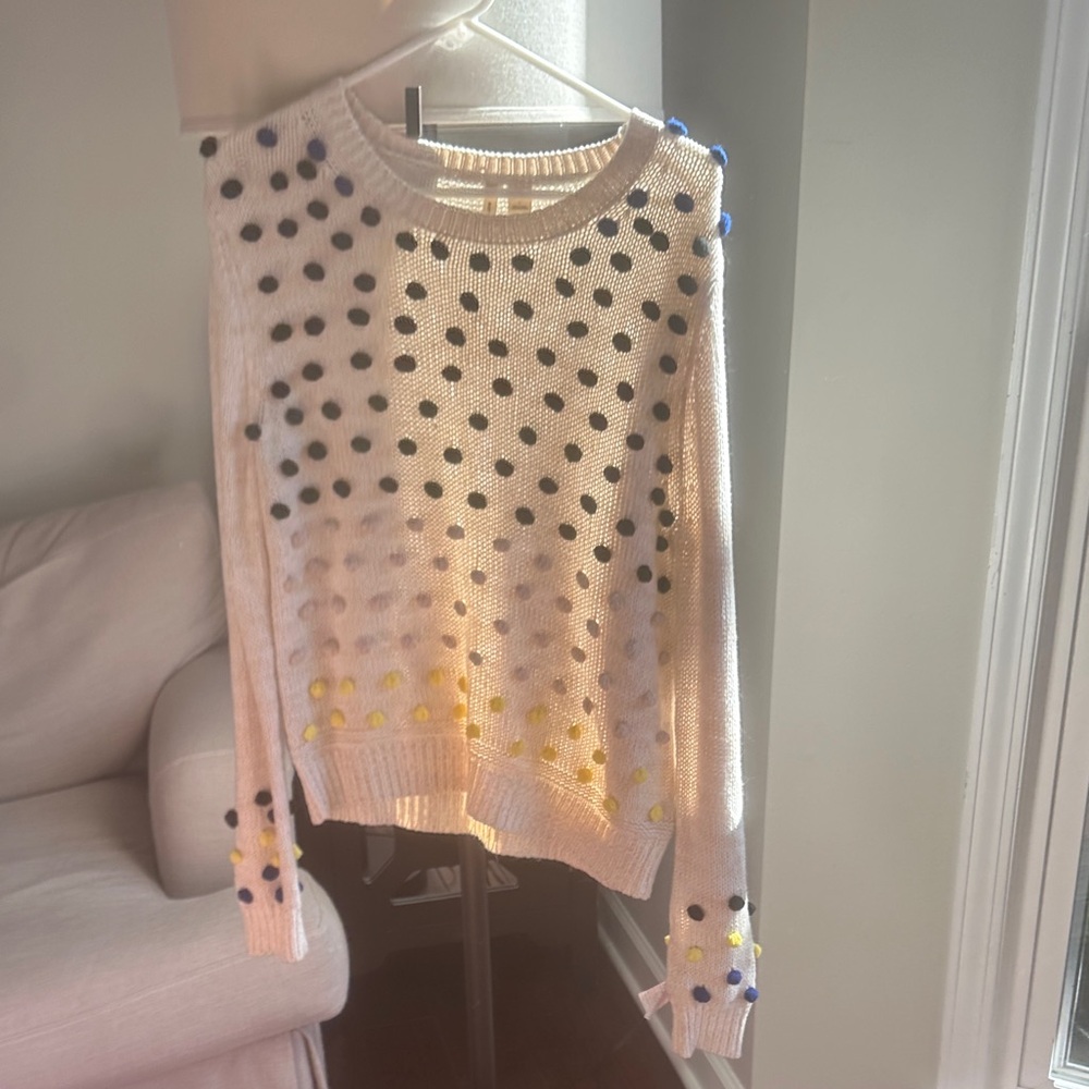 Anthropologie White Sweater with Pom Pom Details